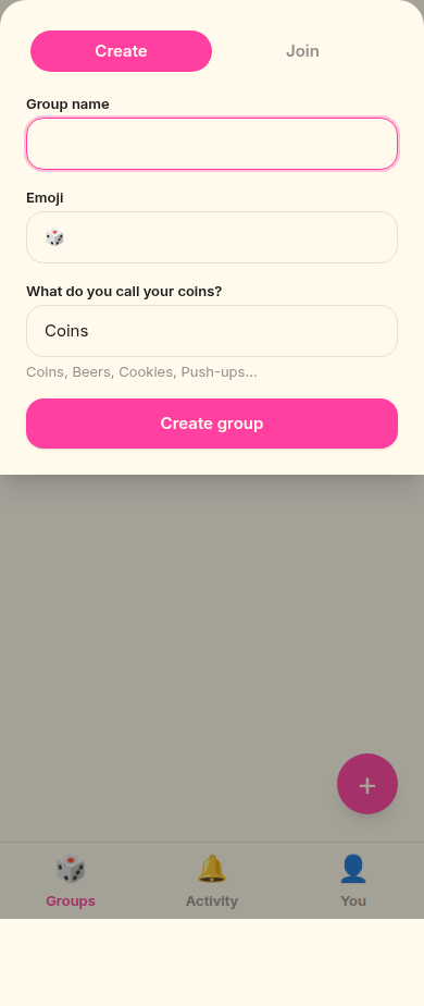 Create group modal with name, emoji, coin name fields