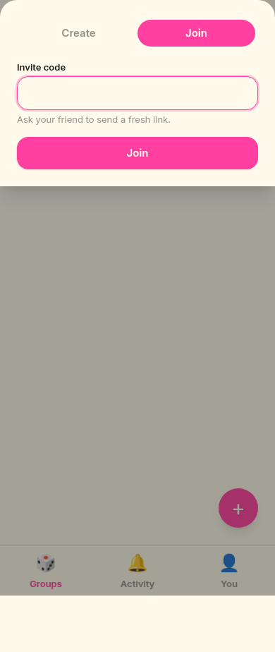 Join group modal with invite code input