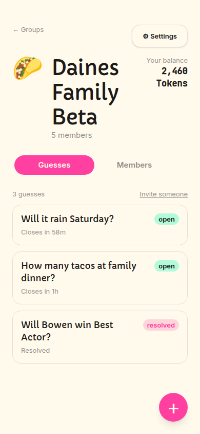 Group detail showing Guesses tab empty state
