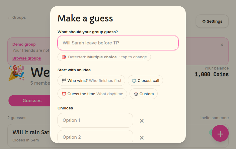 Make a guess modal showing AnswerStyleChip auto-detection, template starter chips, and Choices input (Plan 7A)