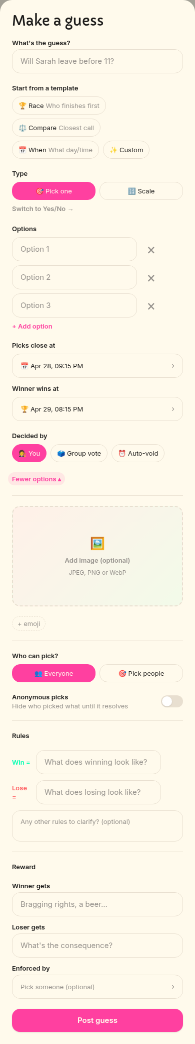 Make a guess modal with More options expanded showing image upload, emoji, who can pick, anonymous, rules, reward
