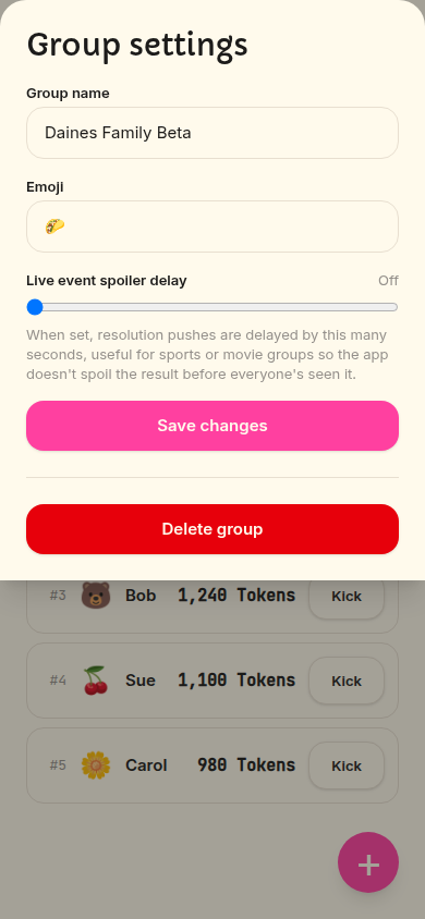 Group settings modal with rename, live event delay slider, and delete