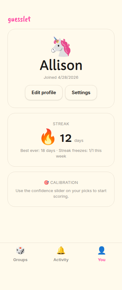 You profile page with streak and calibration cards
