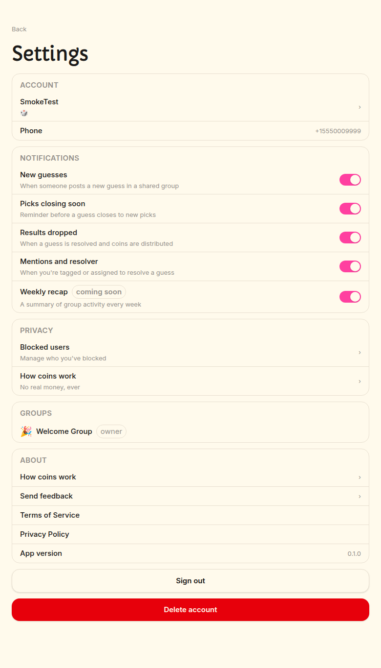 Settings screen showing 5 sections: Account, Notifications, Privacy, Groups, About (Plan 7A)