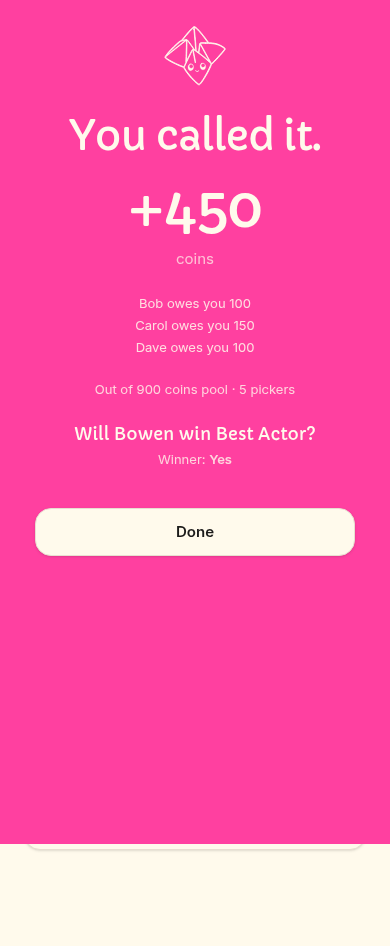 Resolution Takeover full-screen — You called it. +450 coins. Per-pick narrative.
